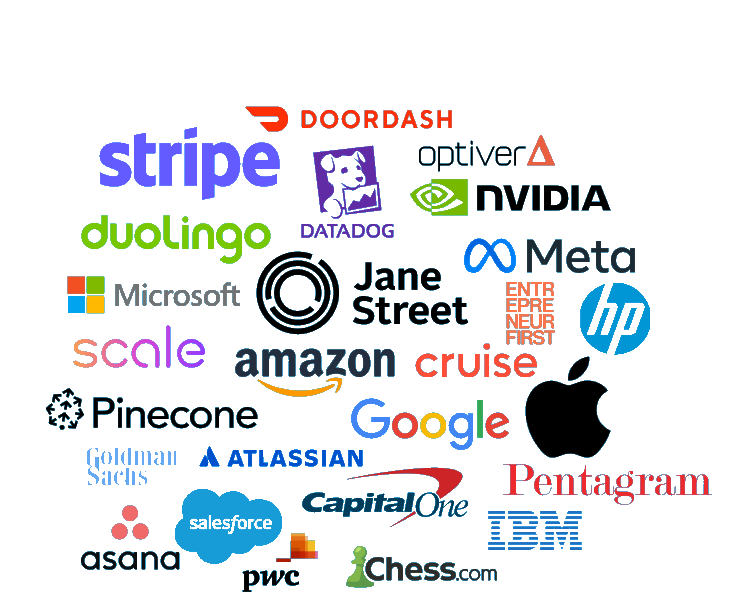 Employer logos of places ScottyLabs members go: Stripe, DoorDash, Duolingo, Optiver, NVIDIA, Datadog, Microsoft, Jane Street, Meta, HP, Scale, Amazon, Cruise, Pinecone, Google, Apple, Goldman Sachs, Atlassian, Capital One, Pentagram, IBM, Asana, Salesforce, PwC, and Chess.com.